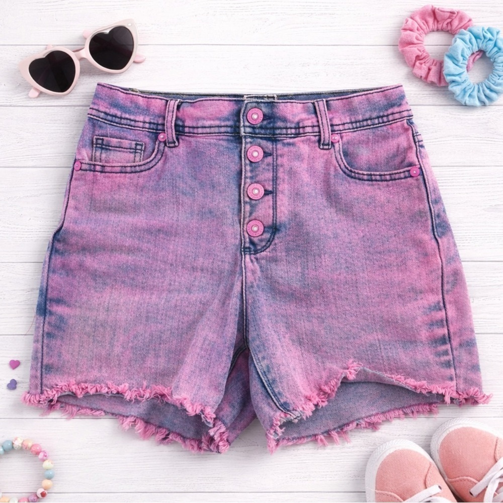 Jordache Denim Shorts Youth Size 18 High Waist Frayed Hem Pink Blue Acid Wash